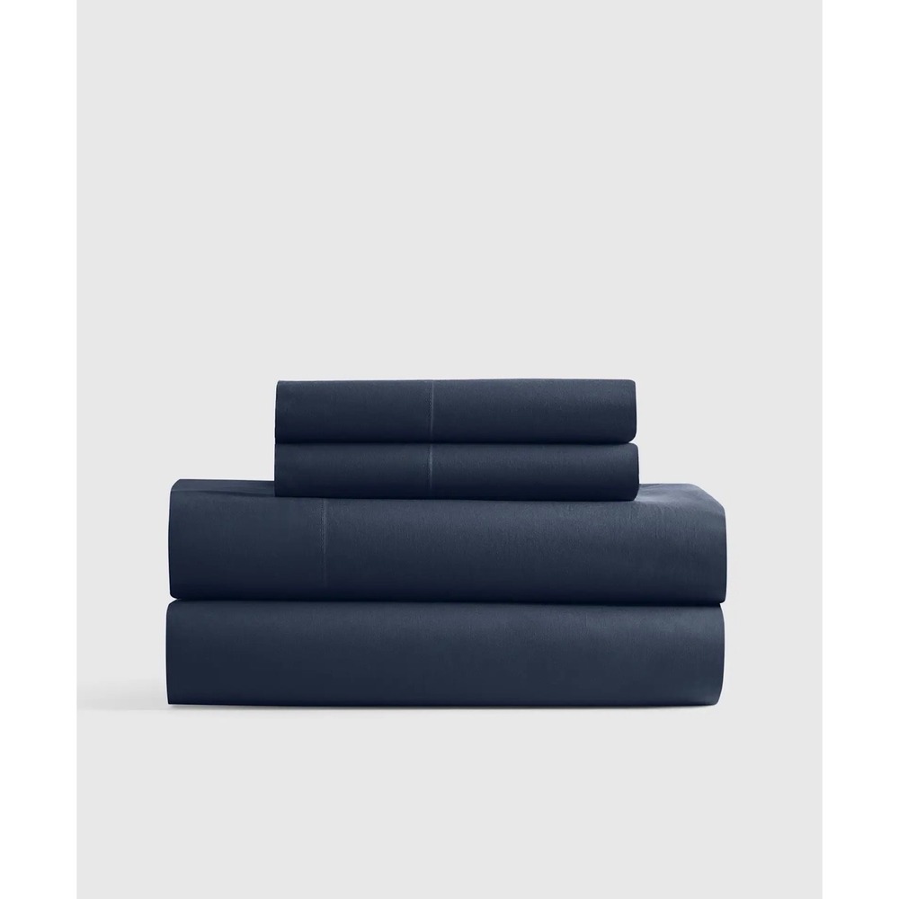 Quince King Cotton Percale 4-Piece Sheet Set Navy Blue Bedding Bundle NWOT